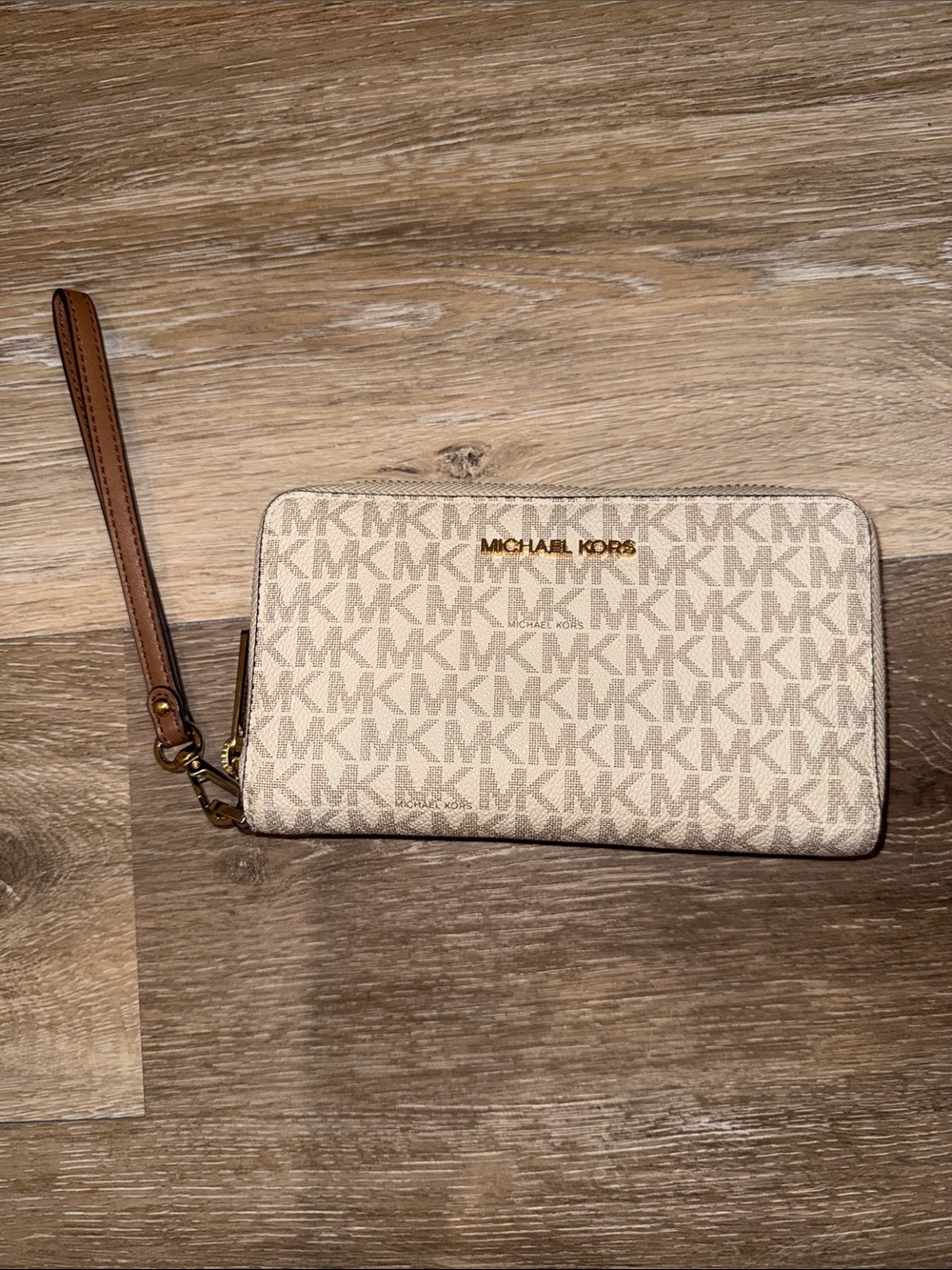 Michael Kors Beige and Tan MK Logo Wristlet